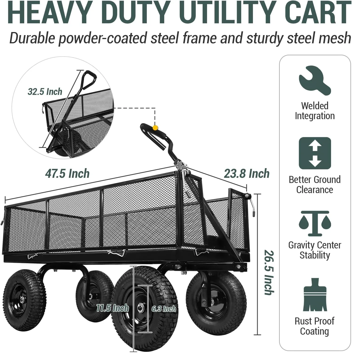 Taifa Heavy Duty 1100 Lbs Capacity Steel Garden Cart with 11.5 inch Tire, Removable Side Panels Turn Into Flatbed, Utility Cart for Yard Lawn and Farm, Metal Wagon with 180° Rotating Handle, Black