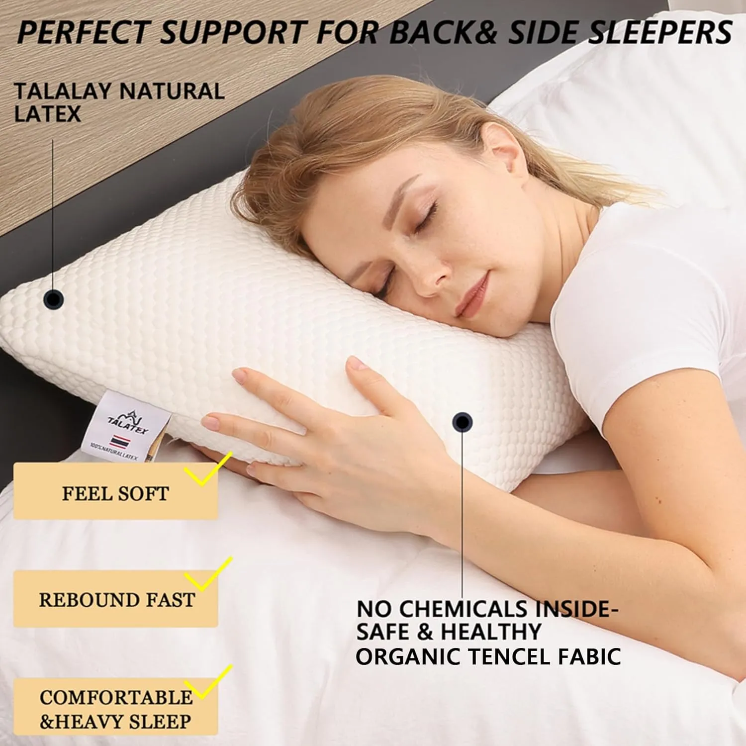 Talatex Talalay 100% Natural Premium Latex Pillow, Helps Relieve Pressure, No Memory Foam Chemicals, Perfect Package Best Gift with Removable Tencel Cover (Soft, Standard(24"×15.7"×4.9"))