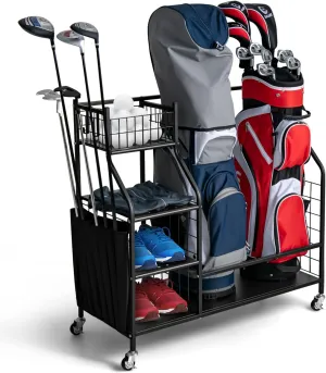 Tangkula Golf Bag Storage Rack for Garage, Golf Bag Organizer with Lockable Universal Wheels, Golf Bag Storage Stand & Golf Clubs & Other Golfing Equipment Rack, Extra Storage Rack for Golf Clubs