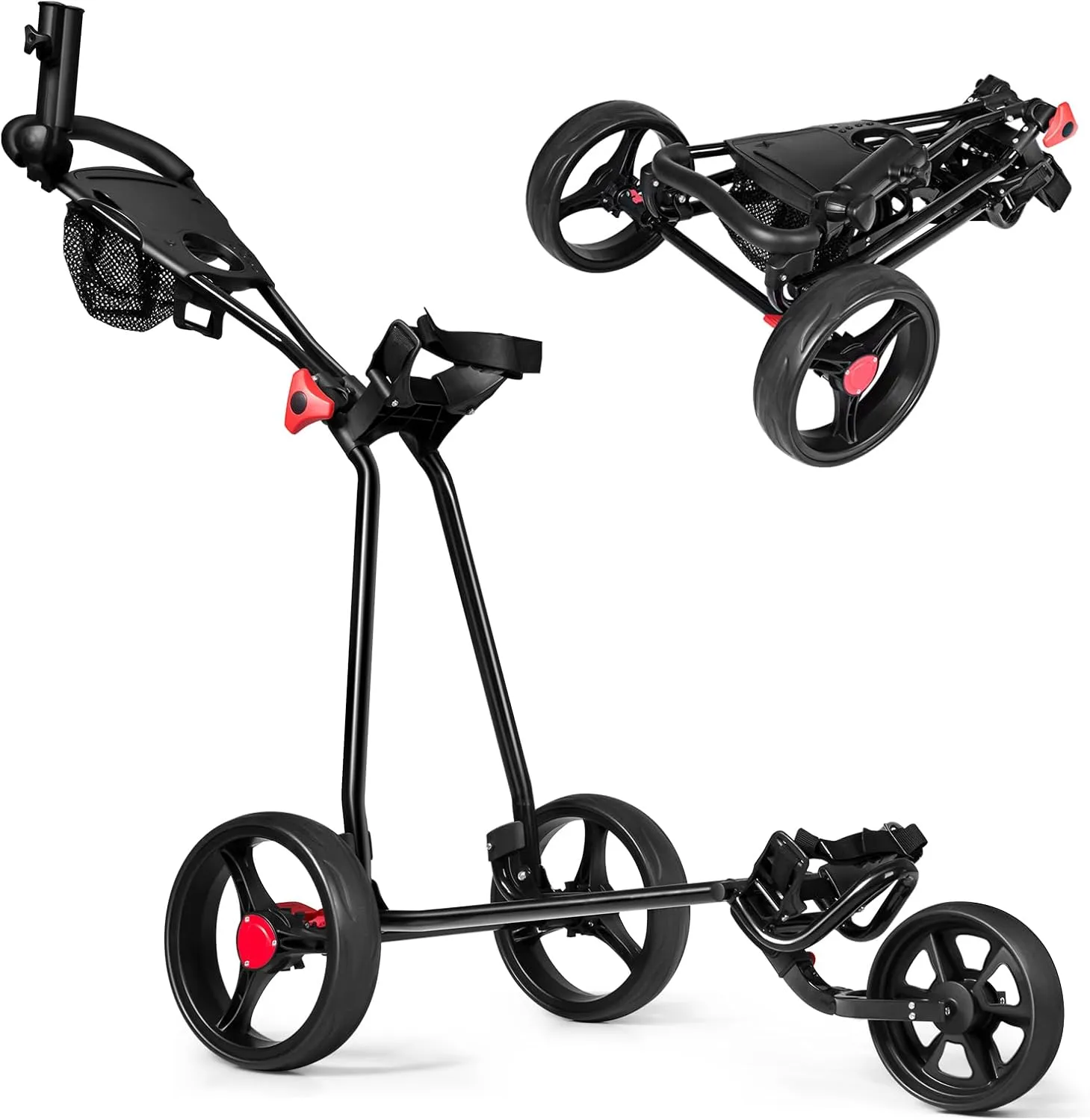 Tangkula Golf Push Cart, Lightweight Collapsible Golf Pull Cart, 3 Wheels Golf Trolley with Foot Brake Umbrella Holder & Cup Holder, Adjustable Handle and Storage Bag