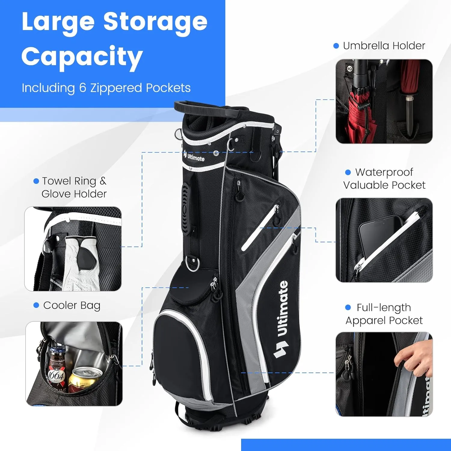 Tangkula Golf Stand Bag with 14 Way Top Dividers, Lightweight 6 Pockets Golf Club Bag with Cooler Bag, Adjustable Dual Strap & Rain Hood, Golf Carry Bag for Men & Women