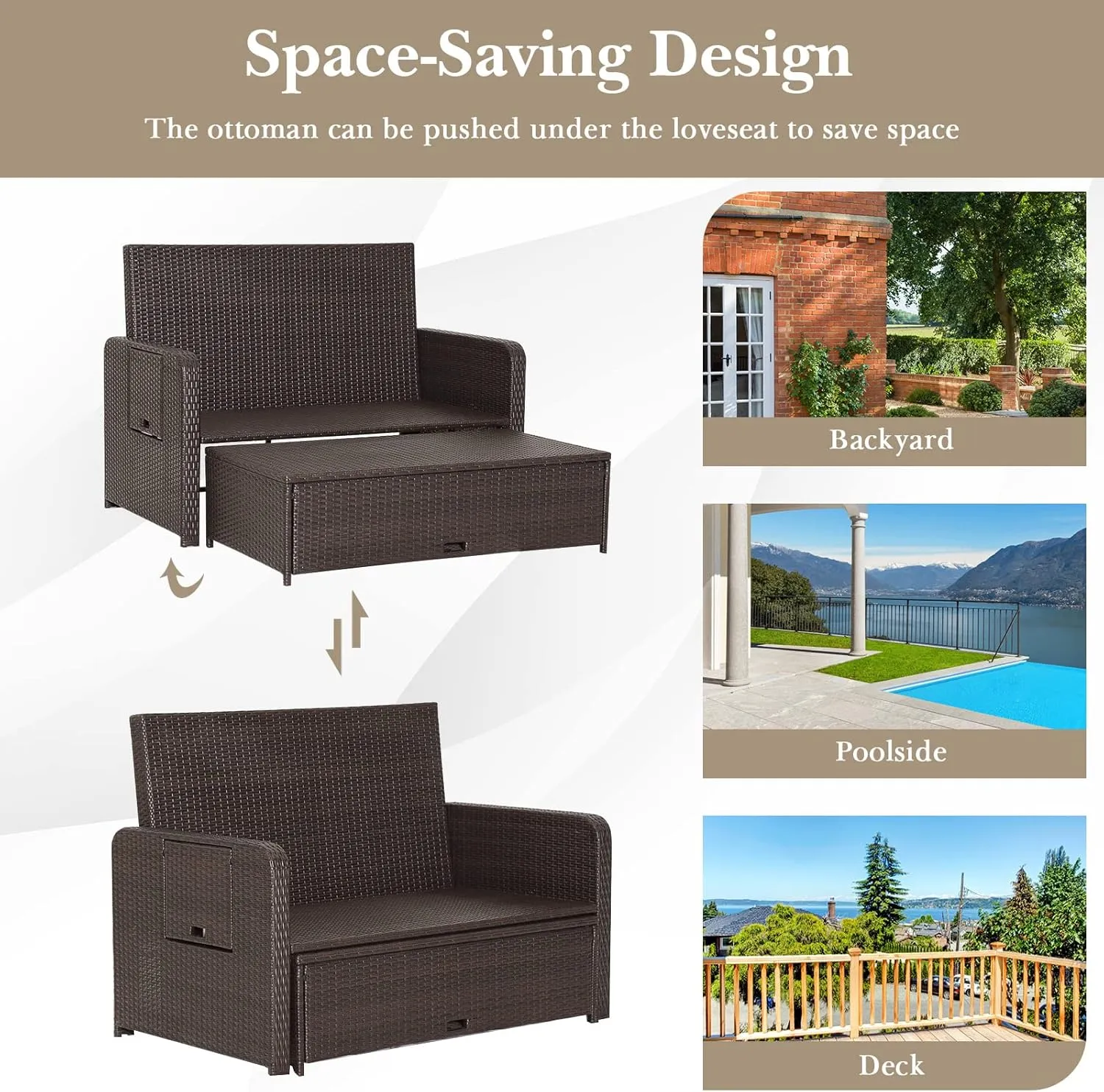 Tangkula Patio Rattan Daybed Set, Wicker Loveseat Sofa w/Multipurpose Ottoman & Retractable Side Tray, 4-Level Adjustable Backrest, Footstool w/Storage, Seat & Back Cushion Included (Navy)