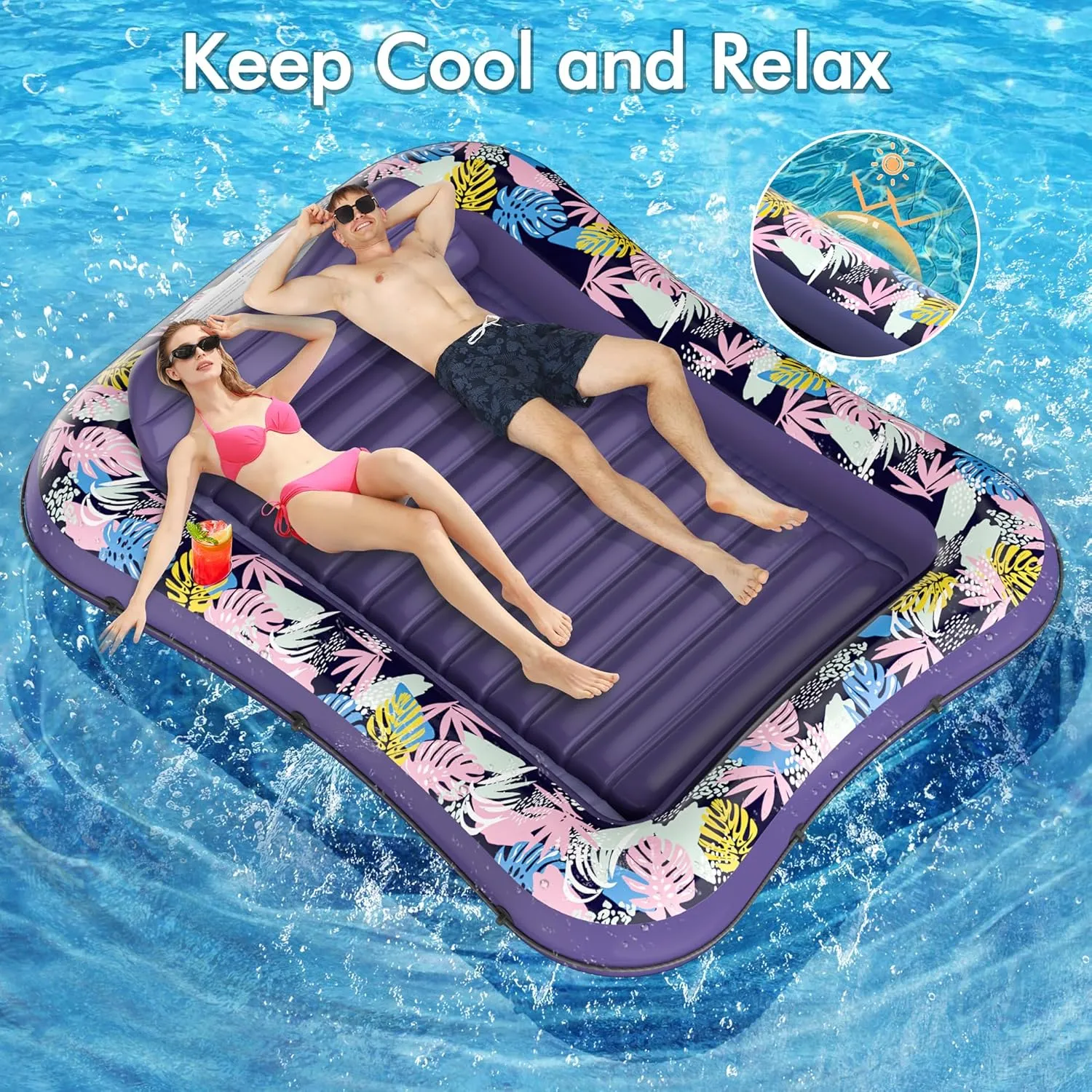 Tanning Pool Lounger Float, OKSUWATER 87" x 63" Pool Floats Adult with Headrest & Drink Holder, Blow-Up Bed Sun Tan Tub for Sunbathing, Beach, Backyard, Outdoor, Summer Water Party, XL