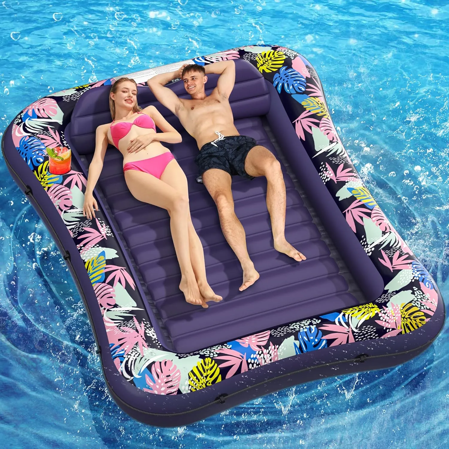 Tanning Pool Lounger Float, OKSUWATER 87" x 63" Pool Floats Adult with Headrest & Drink Holder, Blow-Up Bed Sun Tan Tub for Sunbathing, Beach, Backyard, Outdoor, Summer Water Party, XL