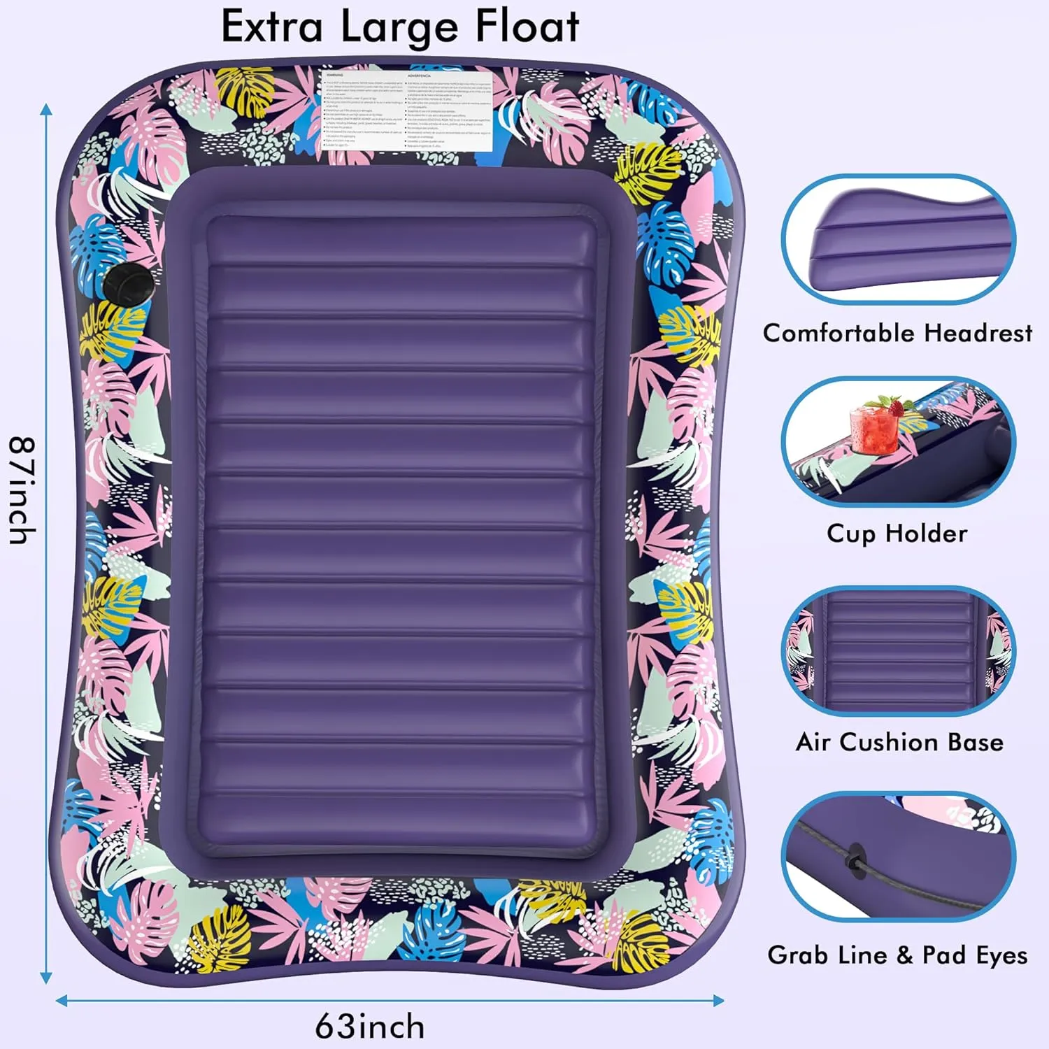 Tanning Pool Lounger Float, OKSUWATER 87" x 63" Pool Floats Adult with Headrest & Drink Holder, Blow-Up Bed Sun Tan Tub for Sunbathing, Beach, Backyard, Outdoor, Summer Water Party, XL