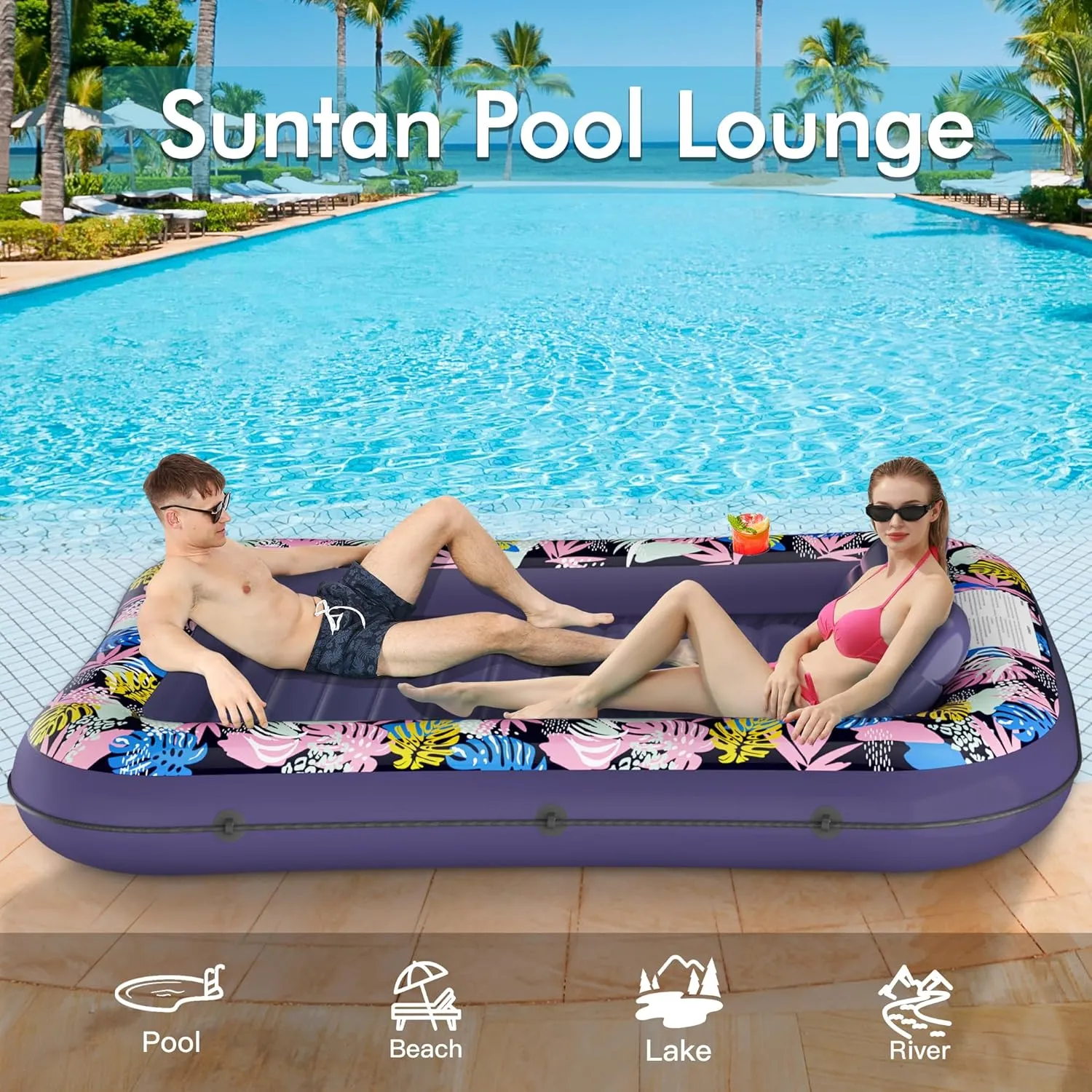 Tanning Pool Lounger Float, OKSUWATER 87" x 63" Pool Floats Adult with Headrest & Drink Holder, Blow-Up Bed Sun Tan Tub for Sunbathing, Beach, Backyard, Outdoor, Summer Water Party, XL