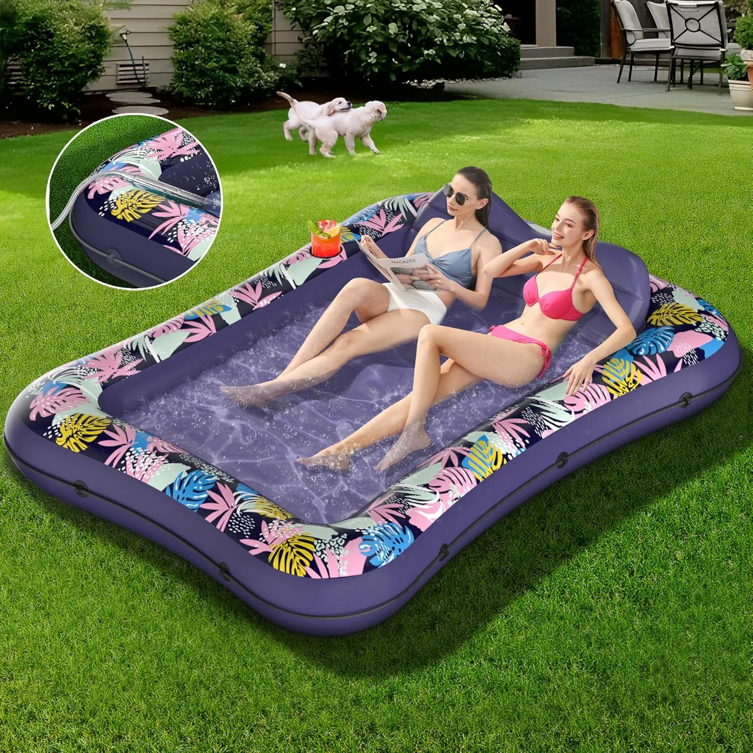Tanning Pool Lounger Float, OKSUWATER 87" x 63" Pool Floats Adult with Headrest & Drink Holder, Blow-Up Bed Sun Tan Tub for Sunbathing, Beach, Backyard, Outdoor, Summer Water Party, XL