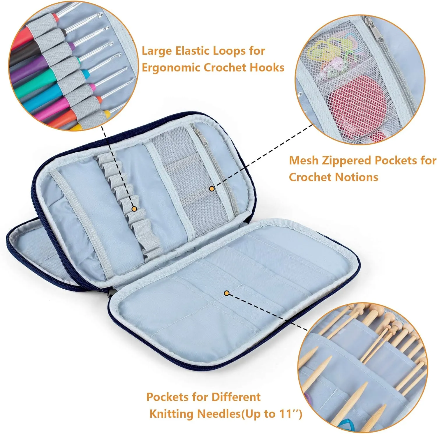 Teamoy Afghan Crochet Hook Case(up to 11" Long), Tunisian Crochet Organizer Bag for Ergonomic Crochet Hooks, Knitting Needles and Accessories, Cats Blue