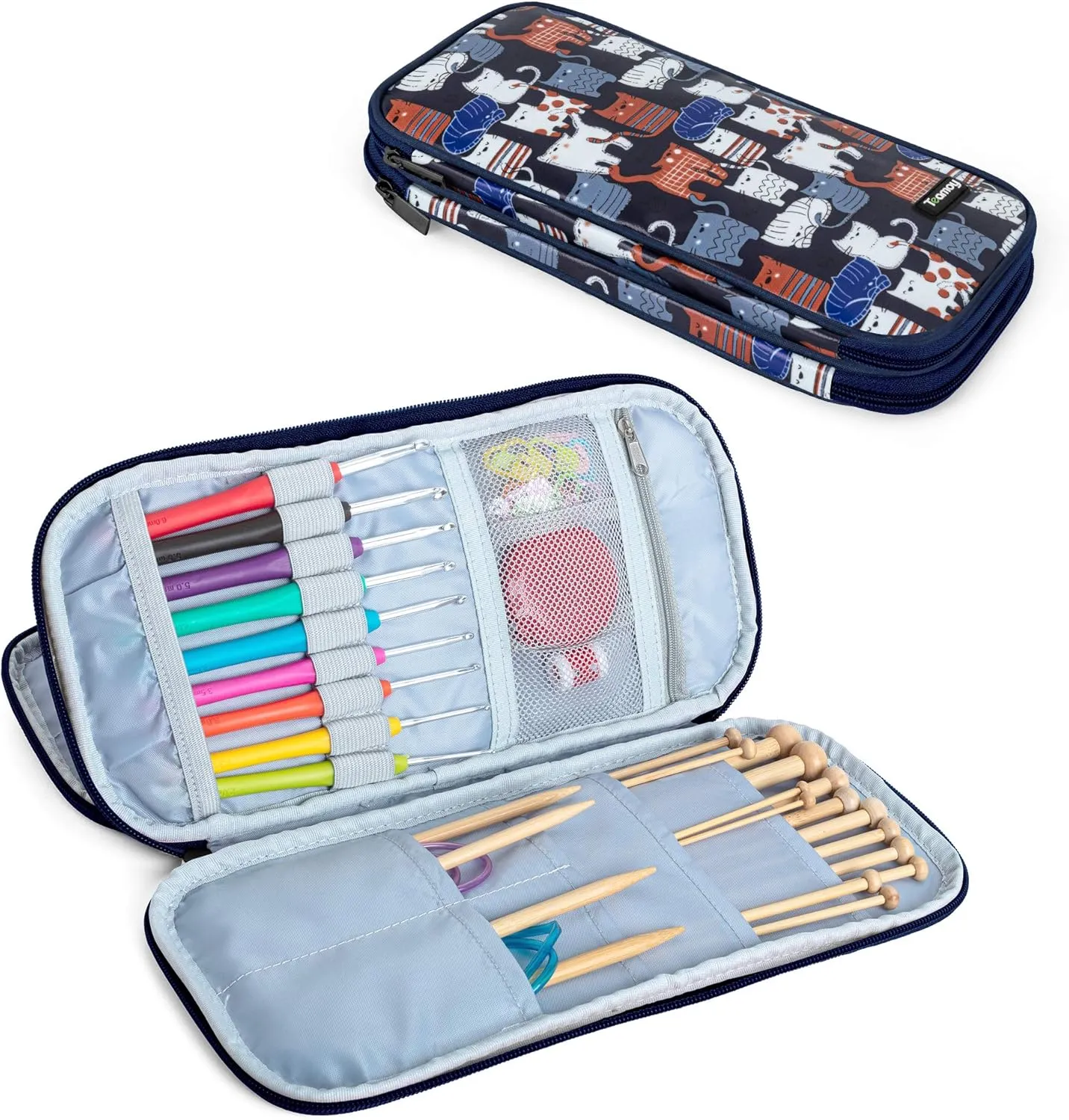Teamoy Afghan Crochet Hook Case(up to 11" Long), Tunisian Crochet Organizer Bag for Ergonomic Crochet Hooks, Knitting Needles and Accessories, Cats Blue