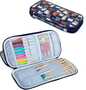 Teamoy Afghan Crochet Hook Case(up to 11" Long), Tunisian Crochet Organizer Bag for Ergonomic Crochet Hooks, Knitting Needles and Accessories, Cats Blue