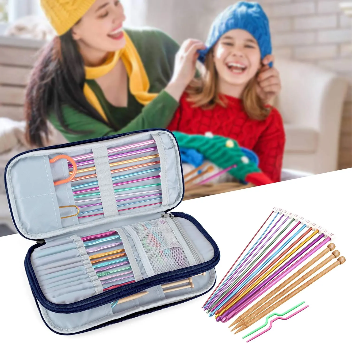 Teamoy Afghan Crochet Hook Case(up to 11" Long), Tunisian Crochet Organizer Bag for Ergonomic Crochet Hooks, Knitting Needles and Accessories, Cats Blue
