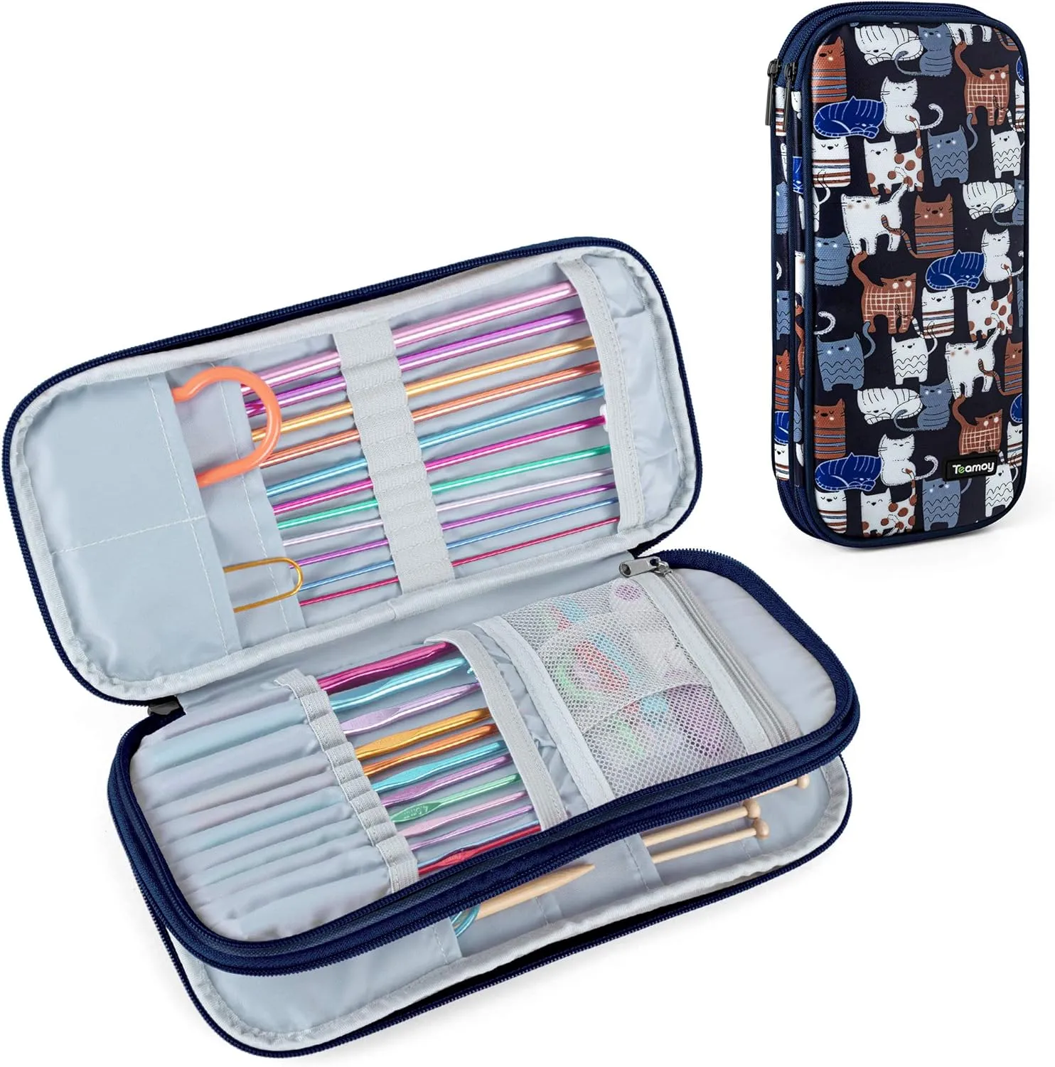 Teamoy Afghan Crochet Hook Case(up to 11" Long), Tunisian Crochet Organizer Bag for Ergonomic Crochet Hooks, Knitting Needles and Accessories, Cats Blue