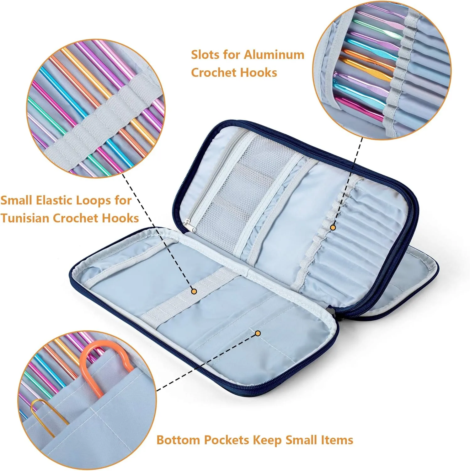 Teamoy Afghan Crochet Hook Case(up to 11" Long), Tunisian Crochet Organizer Bag for Ergonomic Crochet Hooks, Knitting Needles and Accessories, Cats Blue