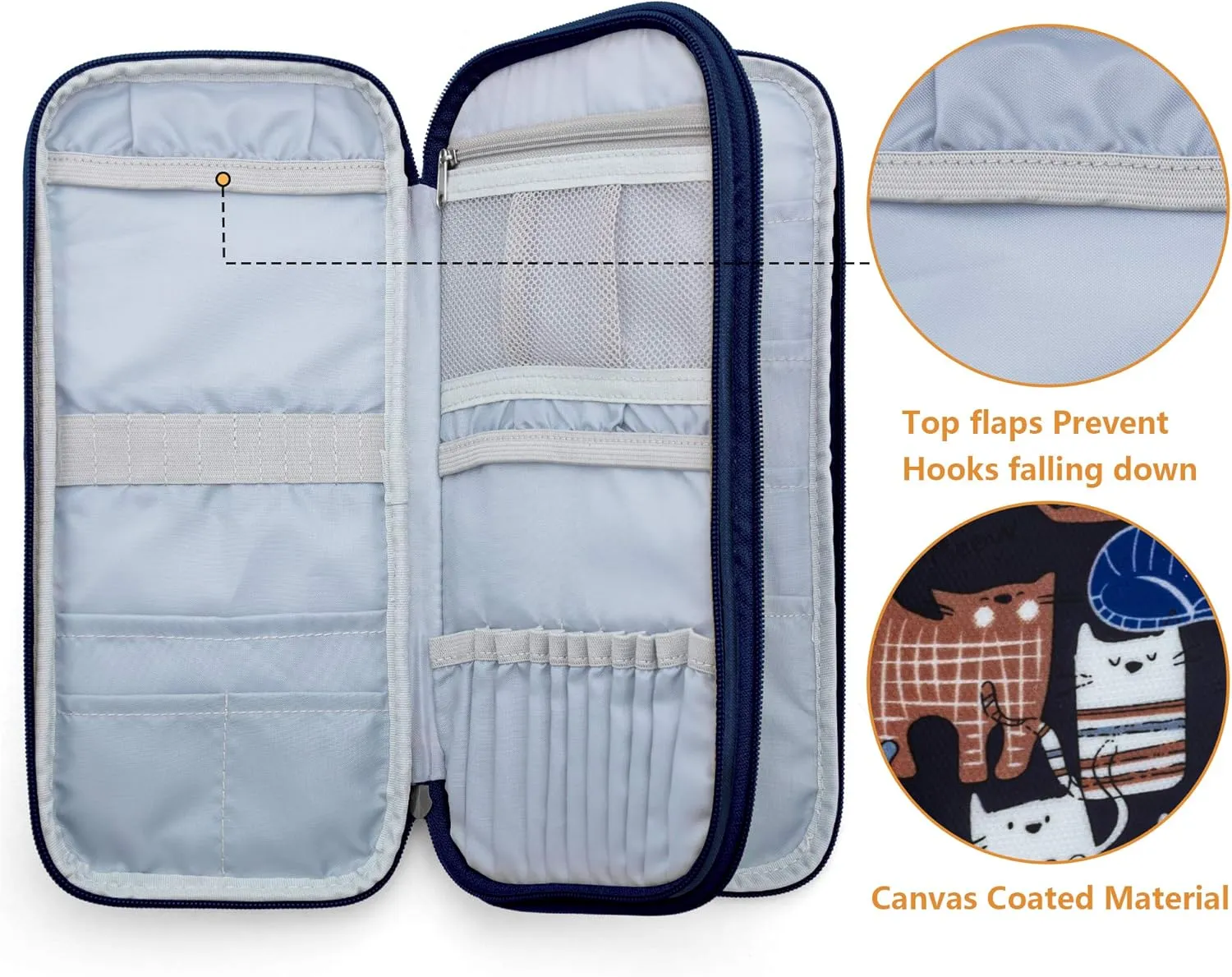 Teamoy Afghan Crochet Hook Case(up to 11" Long), Tunisian Crochet Organizer Bag for Ergonomic Crochet Hooks, Knitting Needles and Accessories, Cats Blue