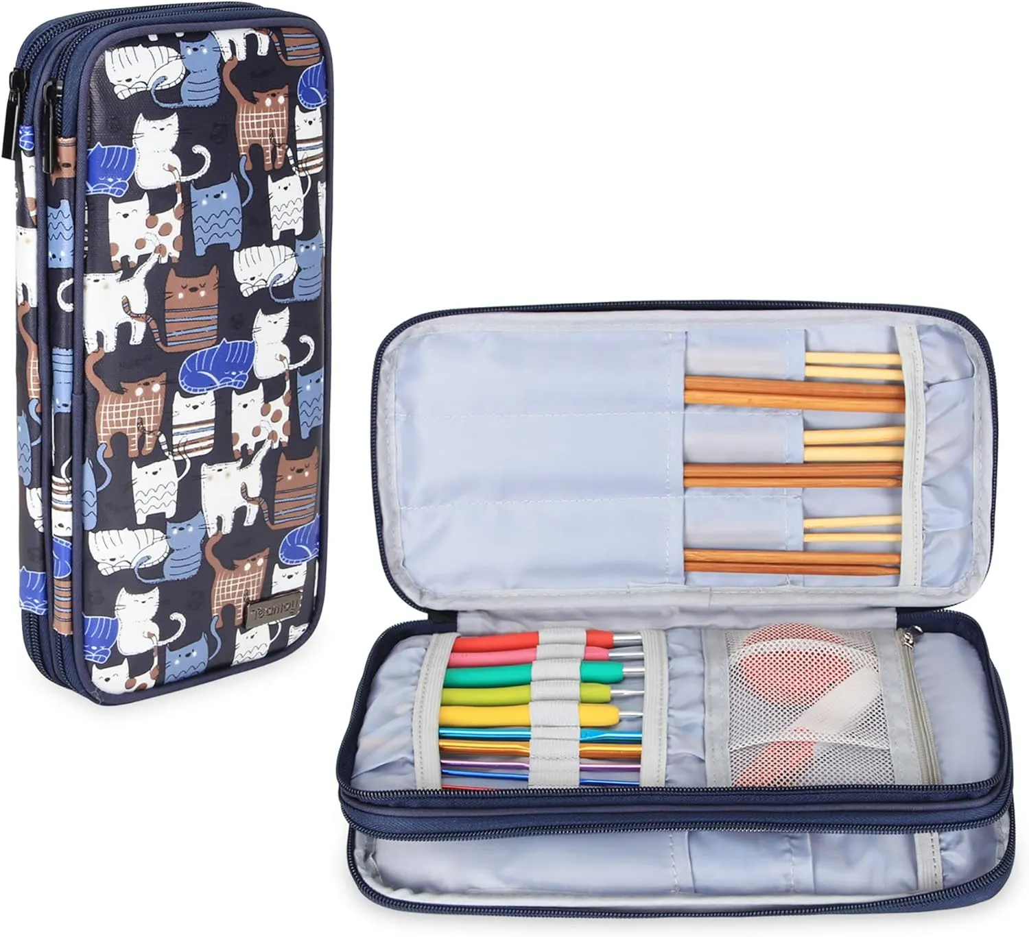 Teamoy Knitting Needles Case(up to 10-Inch), Travel Organizer Storage Bag for Circular and Straight Knitting Needles, Crochet Hooks and Knitting Accessories, Blue Cats-NO ACCESSORIES INCLUDED