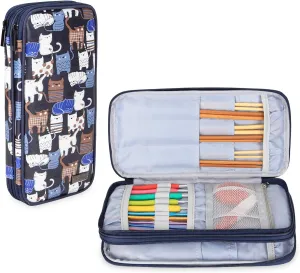 Teamoy Knitting Needles Case(up to 10-Inch), Travel Organizer Storage Bag for Circular and Straight Knitting Needles, Crochet Hooks and Knitting Accessories, Blue Cats-NO ACCESSORIES INCLUDED
