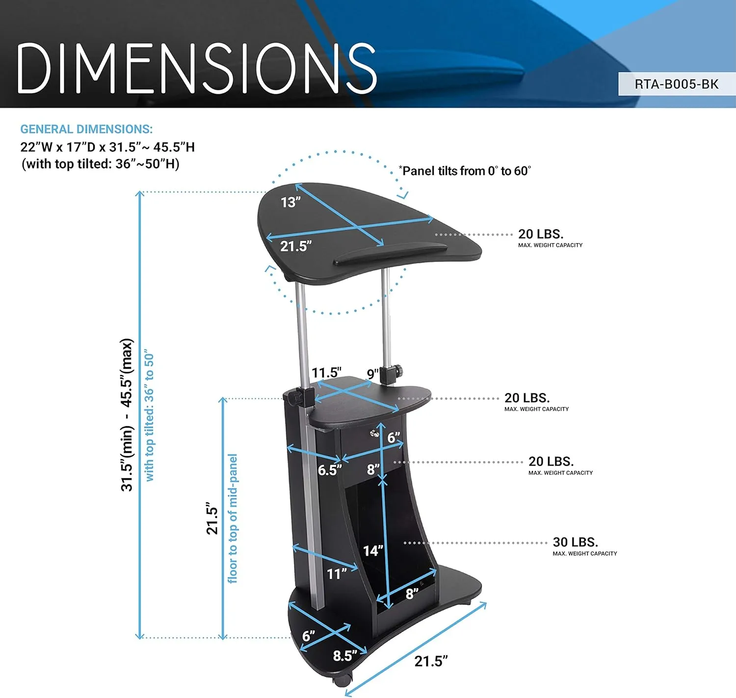 Techni Mobili Sit-to-Stand Mobile Medical Laptop Computer Cart, Black, Adjustable Height, B005