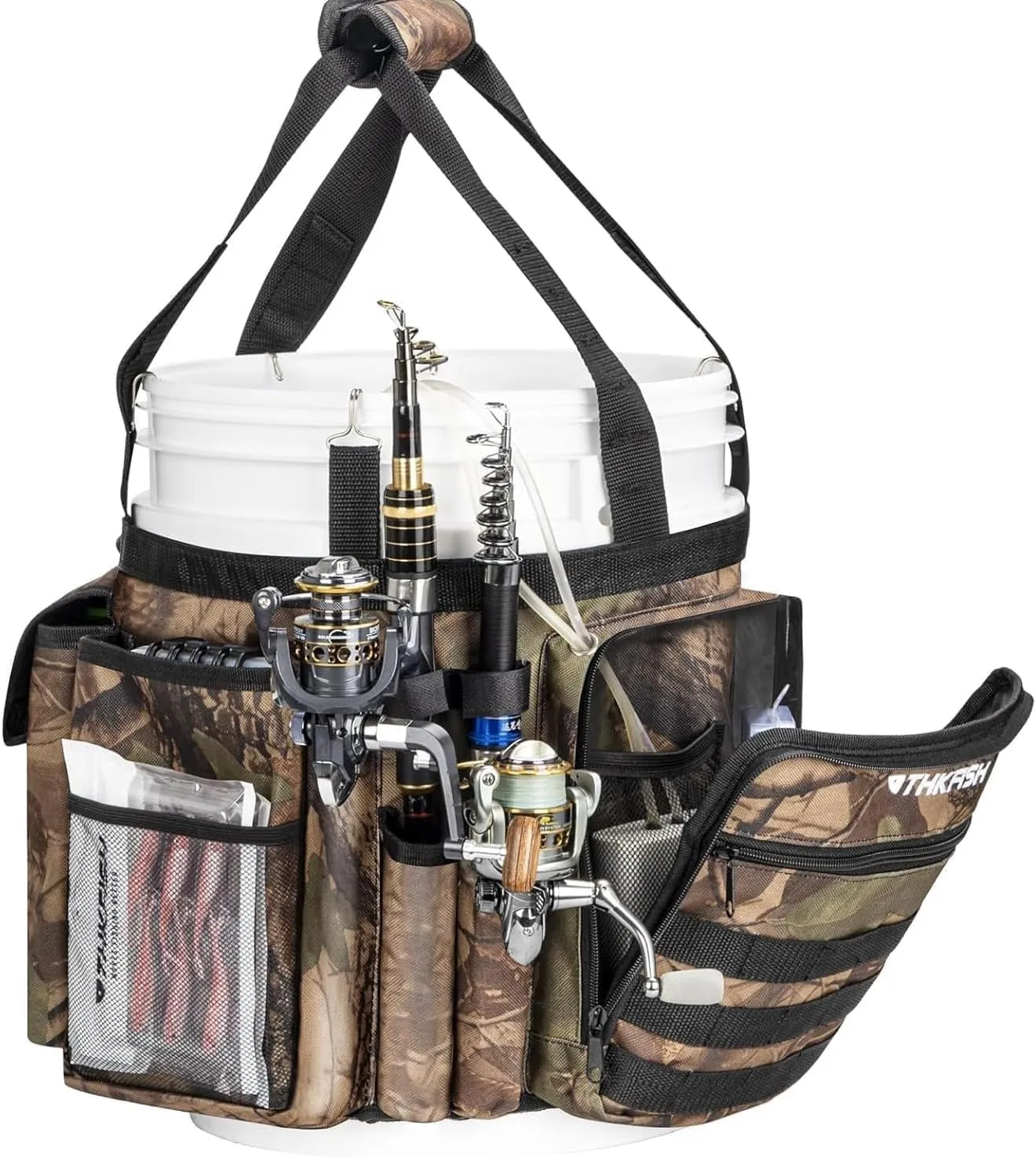 THKFISH Fishing Bucket Organizer for 5 Gallon Bucket, Ice Fishing Bucket Bag with Rod & Plier Holder, Adjustable Fish Protection Bucket Bag with Multi-Pockets for Fishing Gear