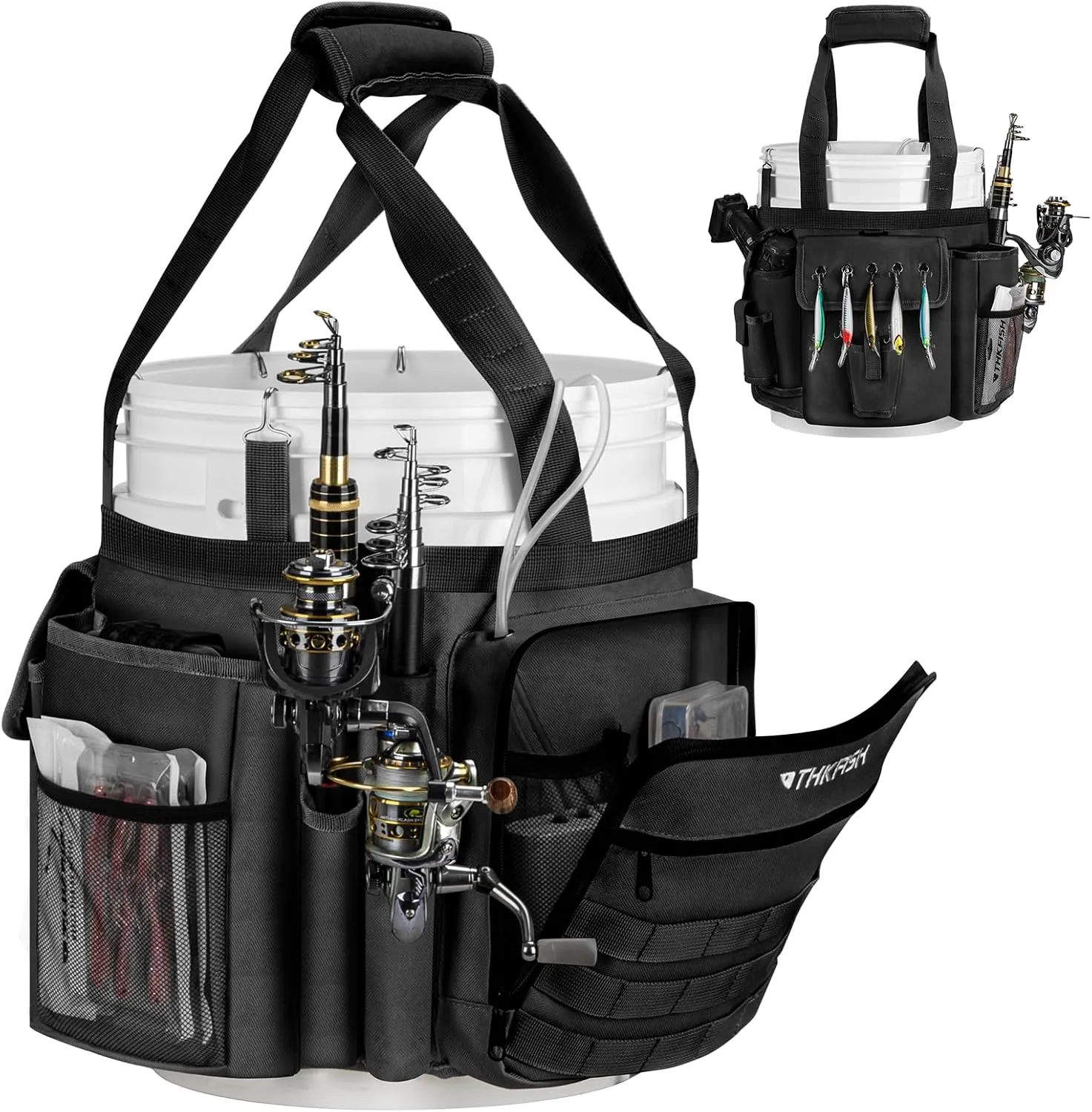 THKFISH Fishing Bucket Organizer for 5 Gallon Bucket, Ice Fishing Bucket Bag with Rod & Plier Holder, Adjustable Fish Protection Bucket Bag with Multi-Pockets for Fishing Gear