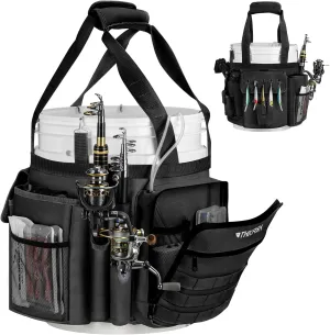 THKFISH Fishing Bucket Organizer for 5 Gallon Bucket, Ice Fishing Bucket Bag with Rod & Plier Holder, Adjustable Fish Protection Bucket Bag with Multi-Pockets for Fishing Gear