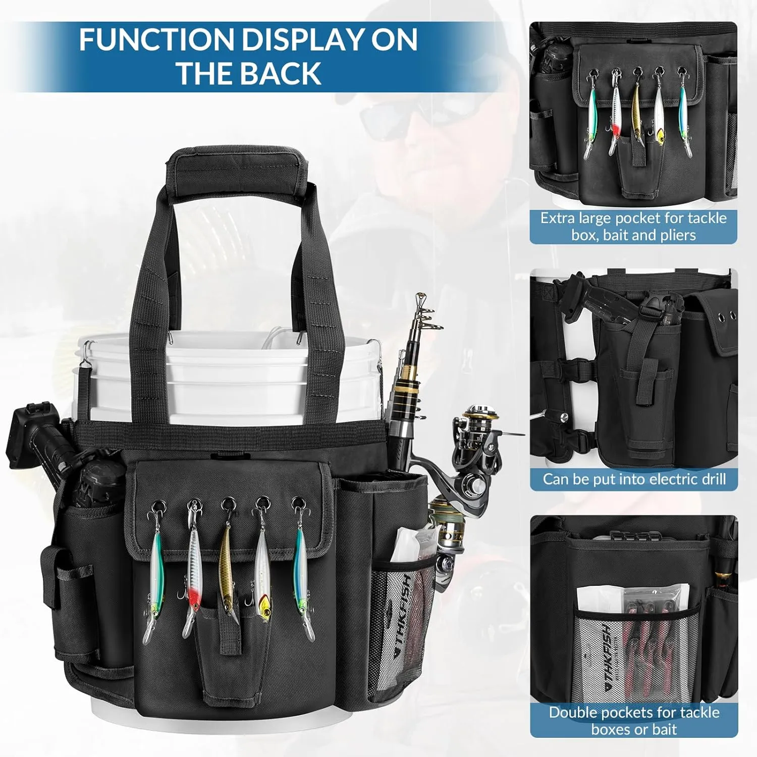 THKFISH Fishing Bucket Organizer for 5 Gallon Bucket, Ice Fishing Bucket Bag with Rod & Plier Holder, Adjustable Fish Protection Bucket Bag with Multi-Pockets for Fishing Gear