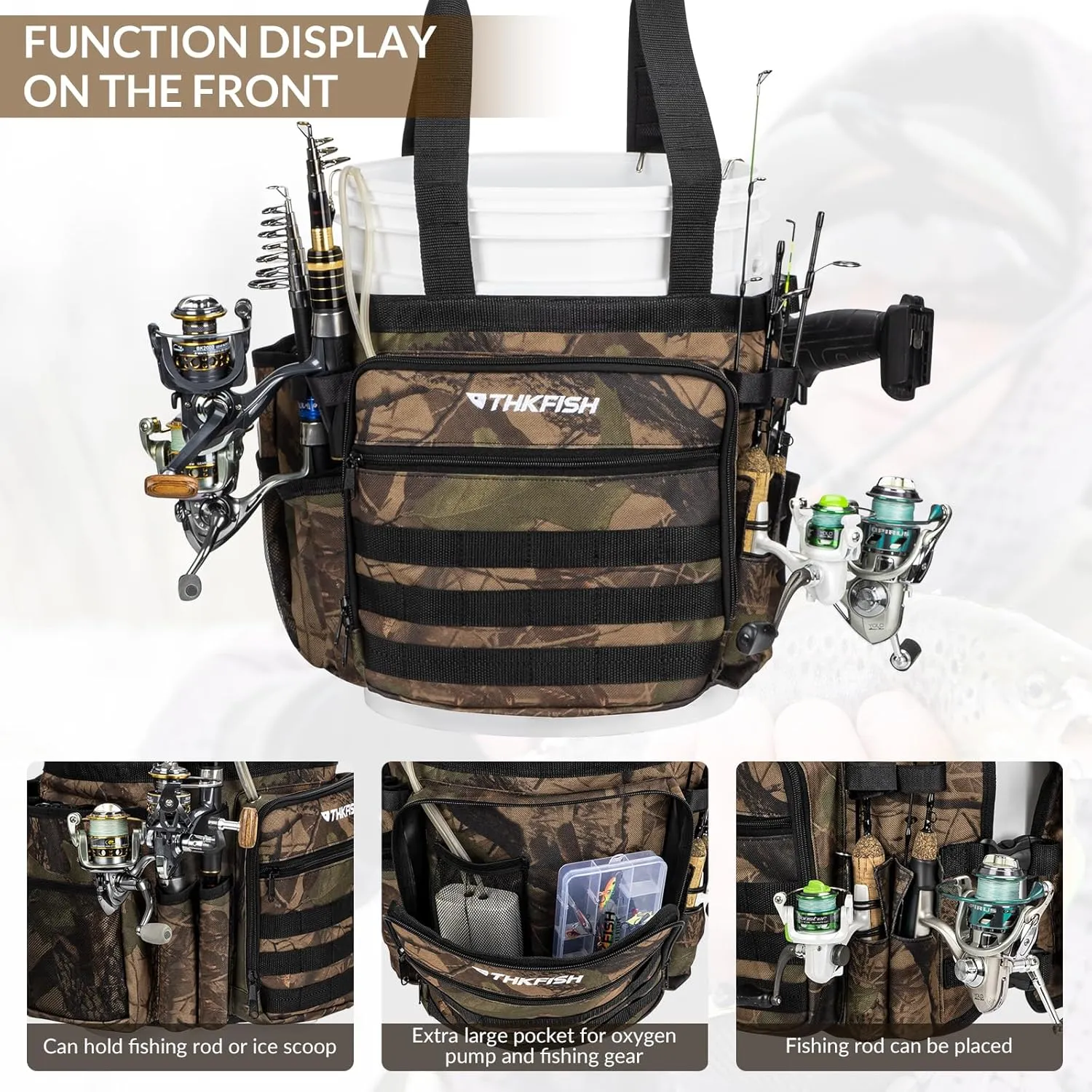 THKFISH Fishing Bucket Organizer for 5 Gallon Bucket, Ice Fishing Bucket Bag with Rod & Plier Holder, Adjustable Fish Protection Bucket Bag with Multi-Pockets for Fishing Gear