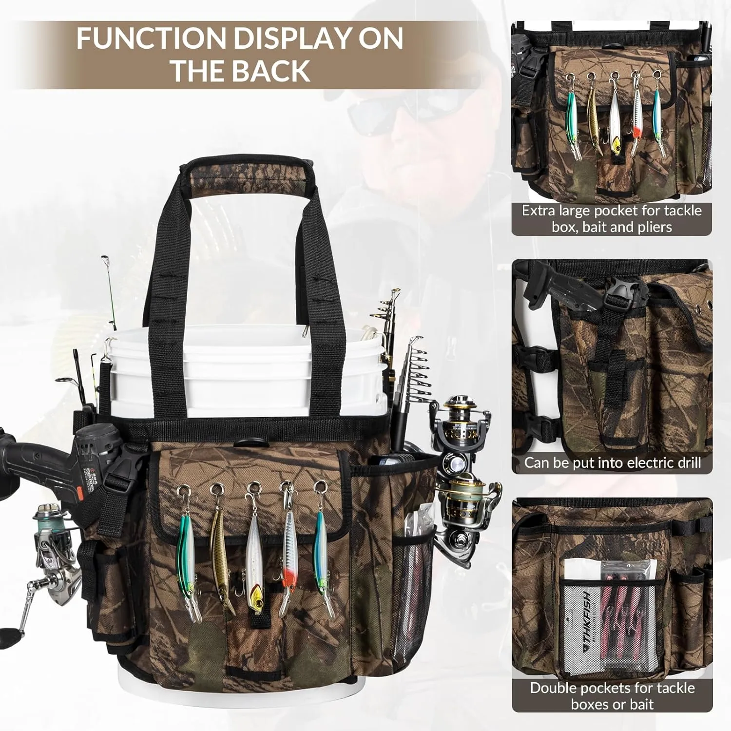 THKFISH Fishing Bucket Organizer for 5 Gallon Bucket, Ice Fishing Bucket Bag with Rod & Plier Holder, Adjustable Fish Protection Bucket Bag with Multi-Pockets for Fishing Gear