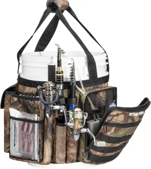 THKFISH Fishing Bucket Organizer for 5 Gallon Bucket, Ice Fishing Bucket Bag with Rod & Plier Holder, Adjustable Fish Protection Bucket Bag with Multi-Pockets for Fishing Gear