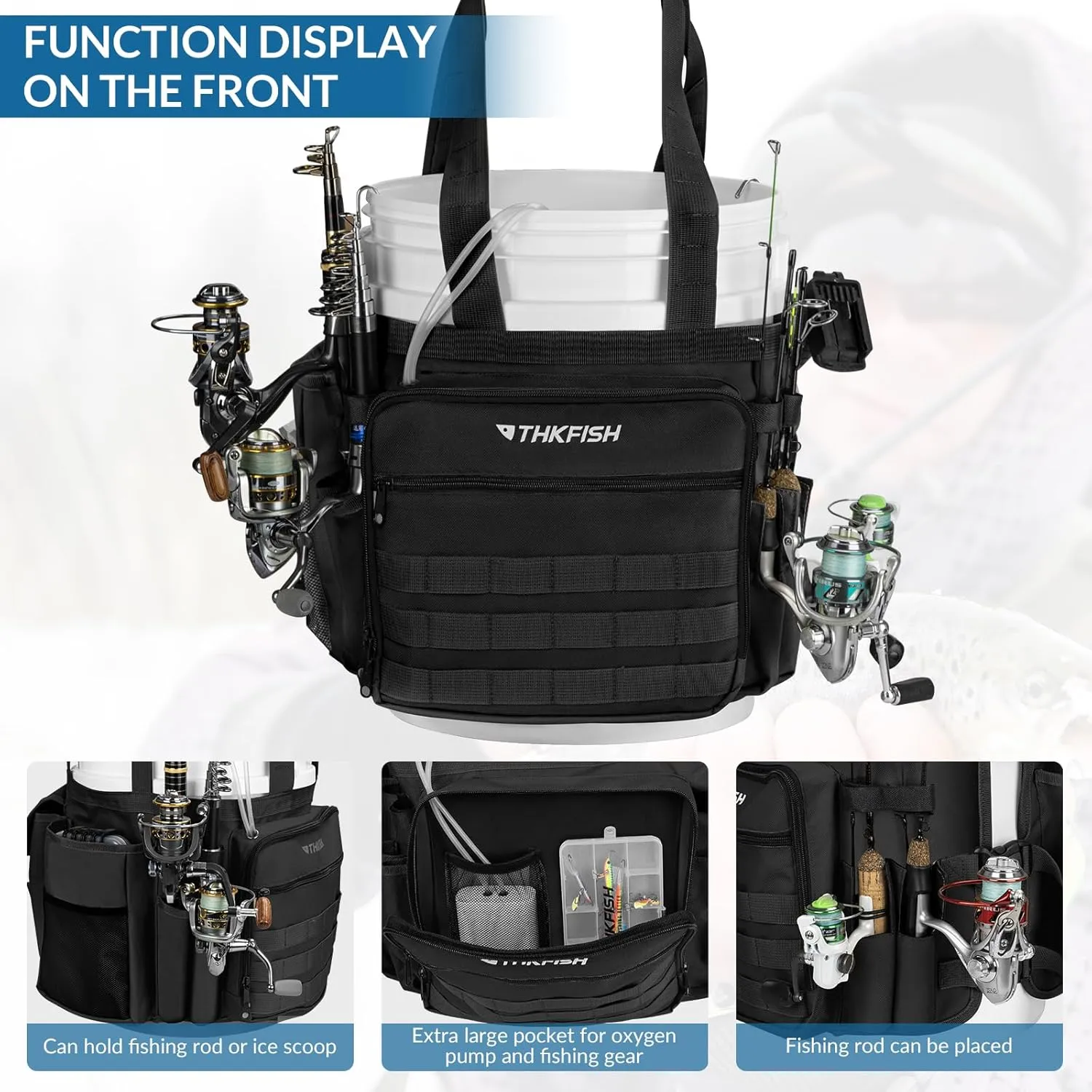 THKFISH Fishing Bucket Organizer for 5 Gallon Bucket, Ice Fishing Bucket Bag with Rod & Plier Holder, Adjustable Fish Protection Bucket Bag with Multi-Pockets for Fishing Gear