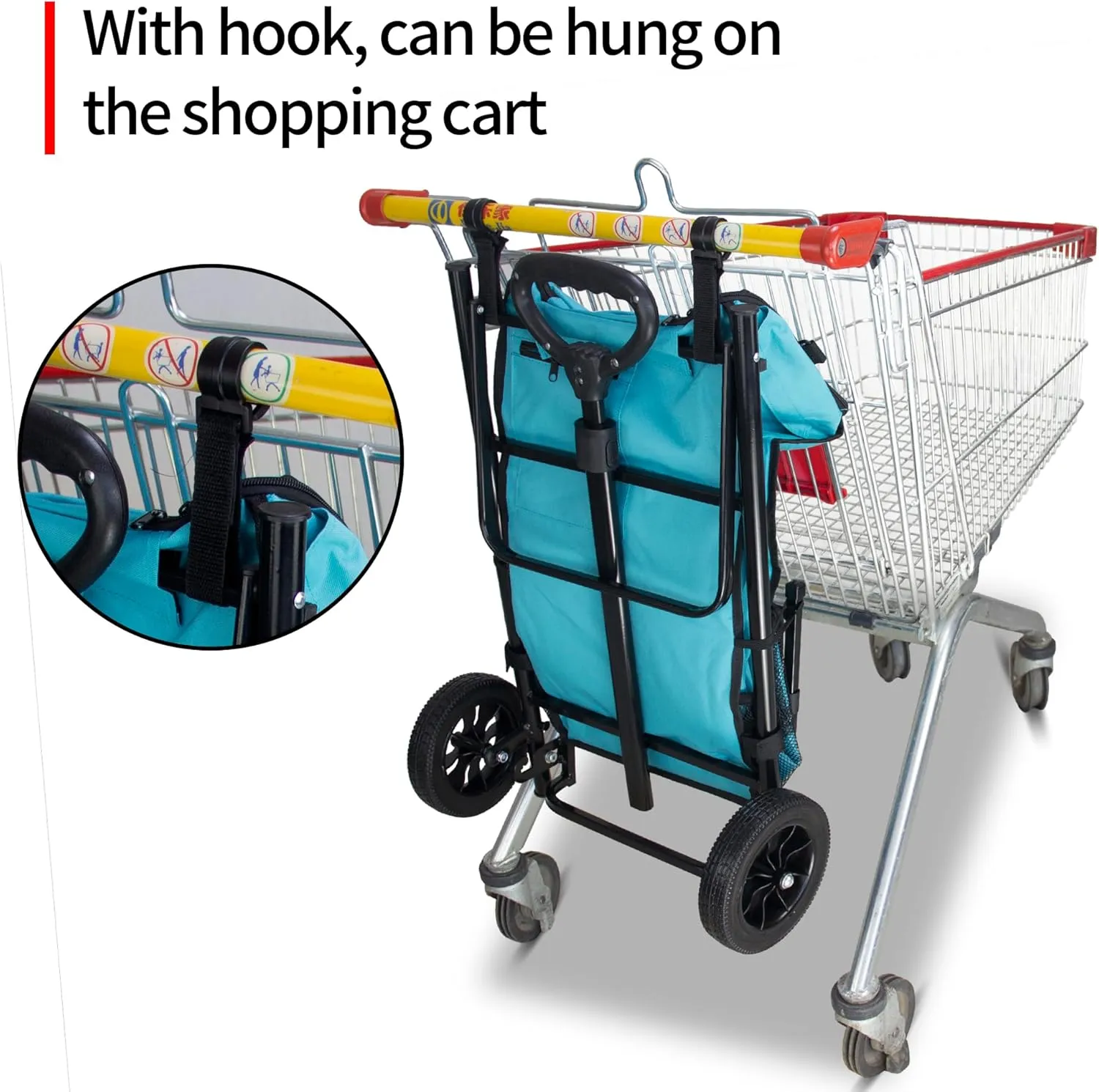 TMZ Heavy-Duty Foldable Shopping Cart with Removable Insulated Bag & Hooks - Lightweight 110 lbs Capacity Grocery Luggage Cart for Market, Travel, Laundry (Turquoise)