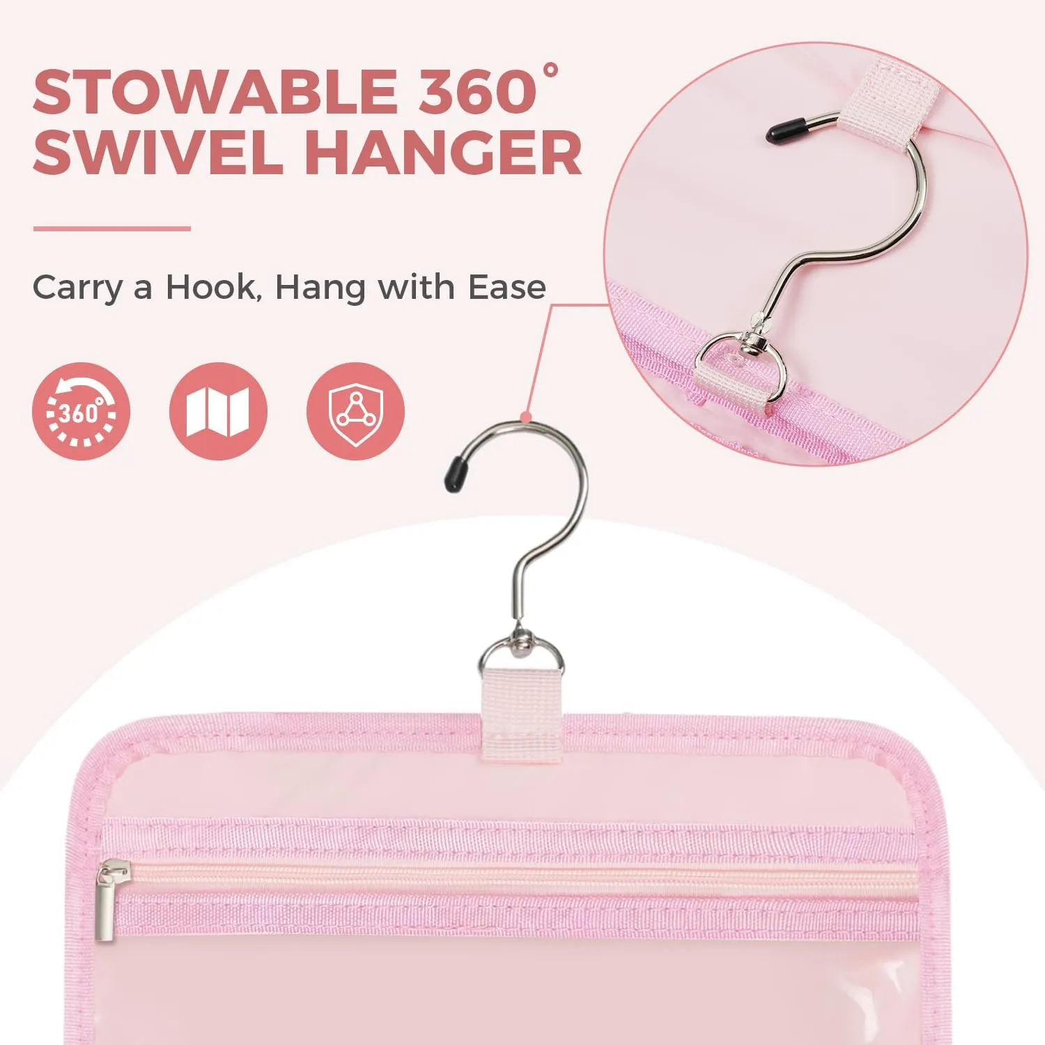 Toiletry Bag For women,Portable Hanging Organizer,4 Leakproof Compartment for full-sized Conditioner, Brushes Set, Makeup Accessories,Visible and easy to access.L-pink