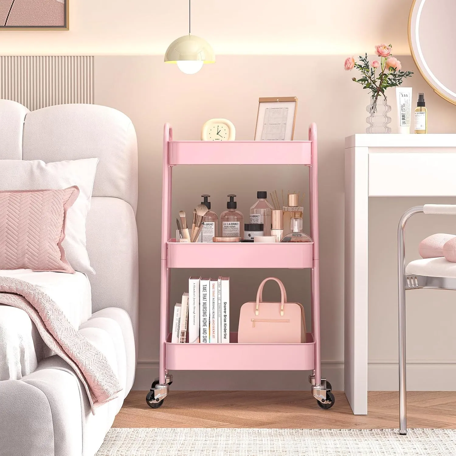 TOOLF 3-Tier Metal Rolling Cart with Wheels, Storage Utility Organizer Cart for Kitchen, Bathroom, Office, Baby Essentials & Makeup - Lockable Casters, Easy Assembly, 132 lbs Capacity, Pink