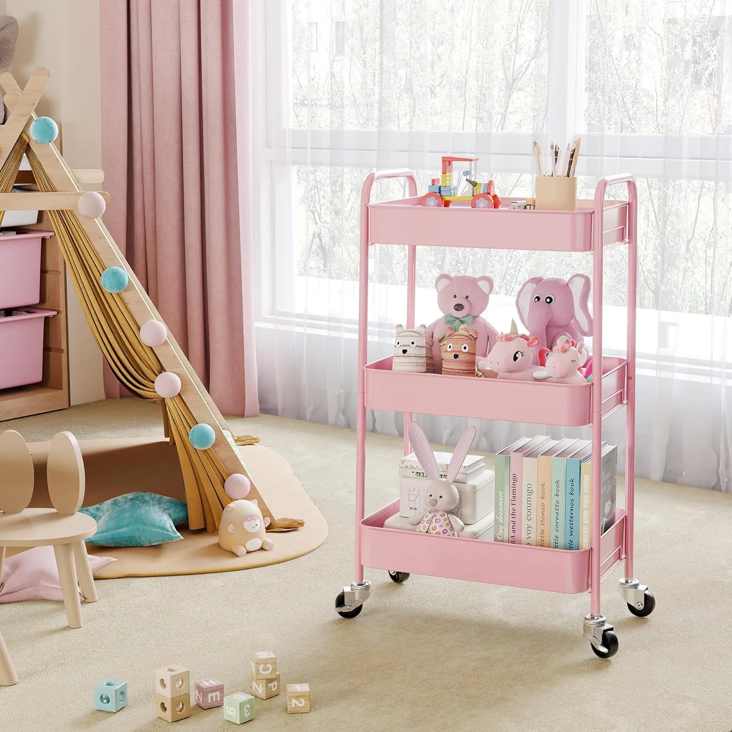 TOOLF 3-Tier Metal Rolling Cart with Wheels, Storage Utility Organizer Cart for Kitchen, Bathroom, Office, Baby Essentials & Makeup - Lockable Casters, Easy Assembly, 132 lbs Capacity, Pink