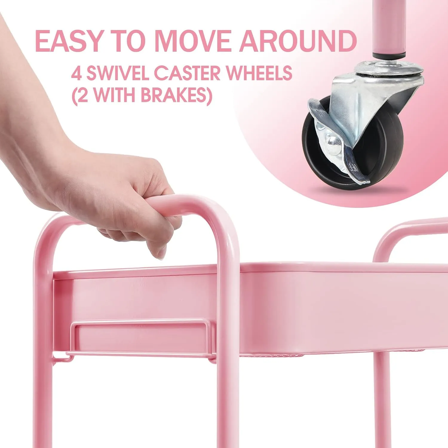 TOOLF 3-Tier Metal Rolling Cart with Wheels, Storage Utility Organizer Cart for Kitchen, Bathroom, Office, Baby Essentials & Makeup - Lockable Casters, Easy Assembly, 132 lbs Capacity, Pink