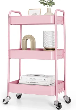 TOOLF 3-Tier Metal Rolling Cart with Wheels, Storage Utility Organizer Cart for Kitchen, Bathroom, Office, Baby Essentials & Makeup - Lockable Casters, Easy Assembly, 132 lbs Capacity, Pink
