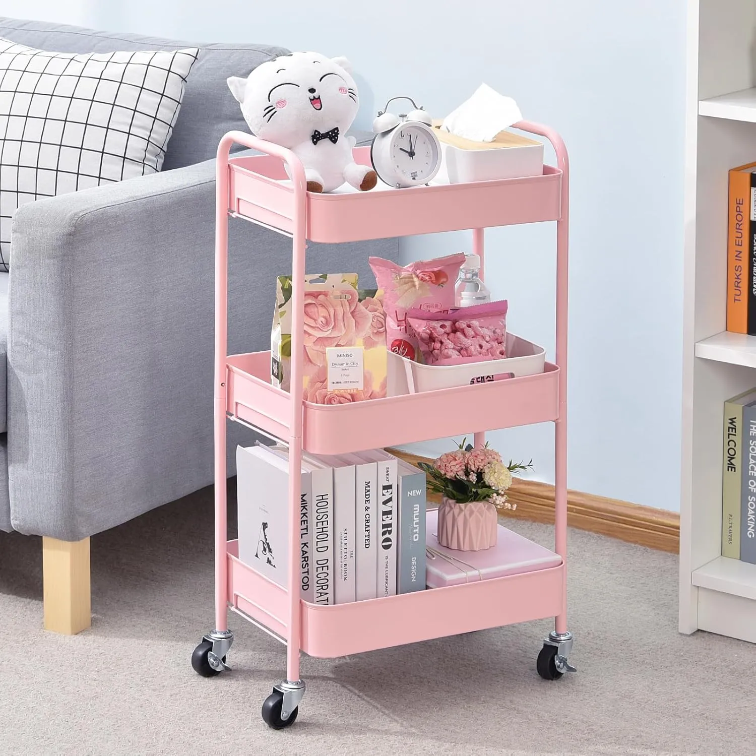 TOOLF 3-Tier Metal Rolling Cart with Wheels, Storage Utility Organizer Cart for Kitchen, Bathroom, Office, Baby Essentials & Makeup - Lockable Casters, Easy Assembly, 132 lbs Capacity, Pink