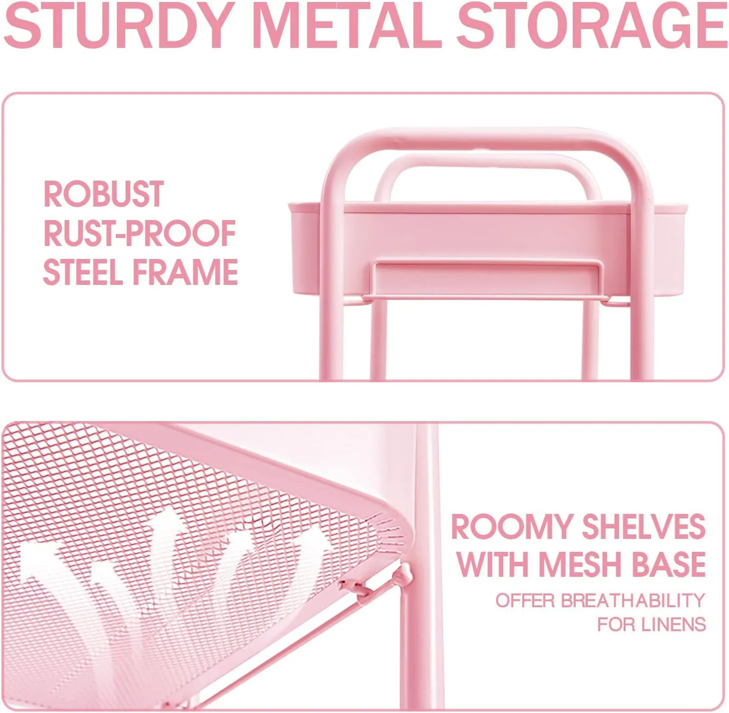 TOOLF 3-Tier Metal Rolling Cart with Wheels, Storage Utility Organizer Cart for Kitchen, Bathroom, Office, Baby Essentials & Makeup - Lockable Casters, Easy Assembly, 132 lbs Capacity, Pink