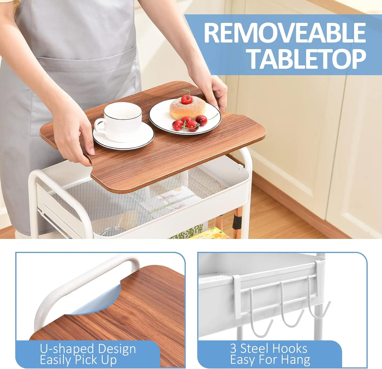 TOOLF 3-Tier Rolling Cart, Metal Utility Cart with Detachable Tray Top, Storage Craft Art Cart Trolley Organizer Easy Assembly for Bathroom, Living Room, Office, Kitchen, Classroom, White