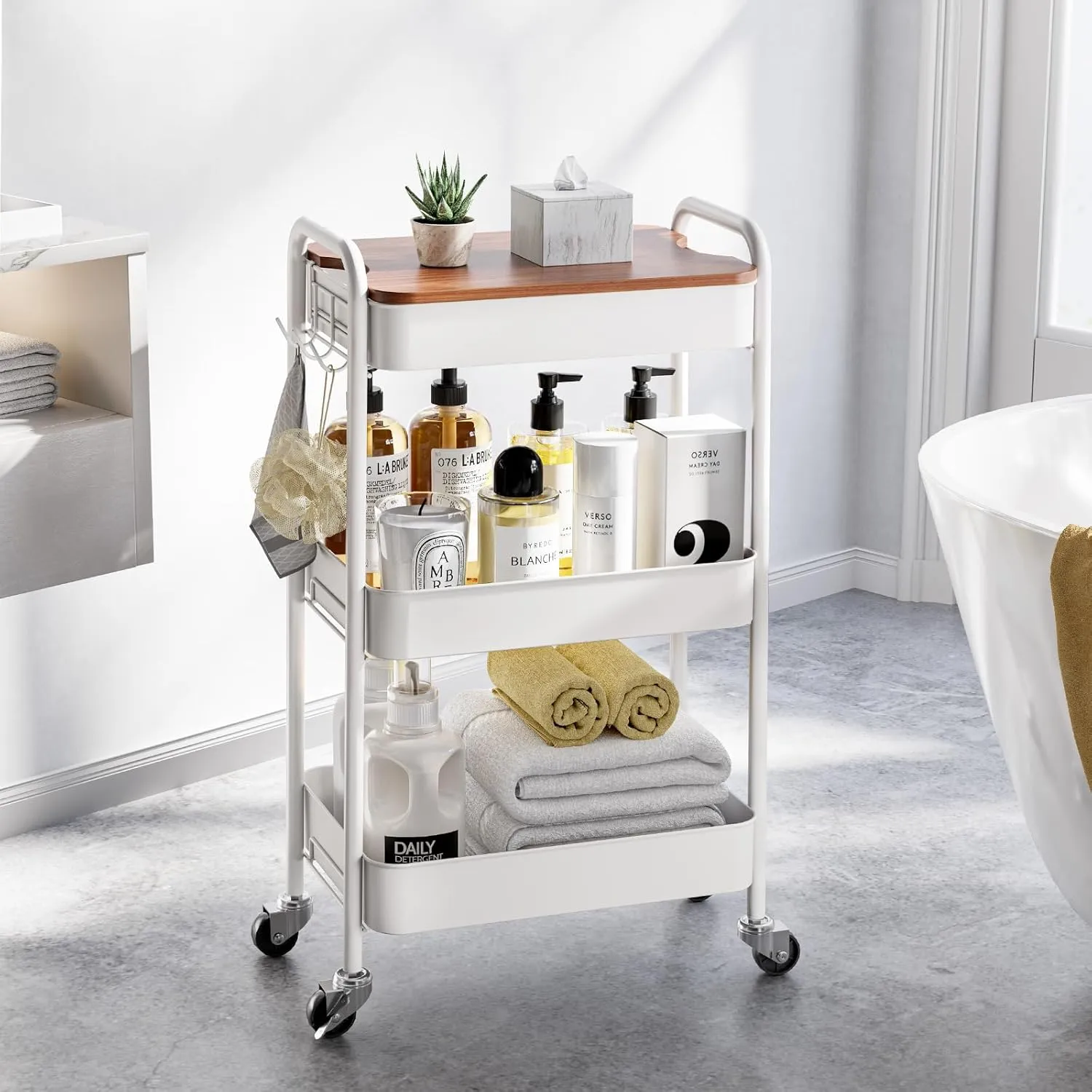 TOOLF 3-Tier Rolling Cart, Metal Utility Cart with Detachable Tray Top, Storage Craft Art Cart Trolley Organizer Easy Assembly for Bathroom, Living Room, Office, Kitchen, Classroom, White