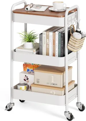 TOOLF 3-Tier Rolling Cart, Metal Utility Cart with Detachable Tray Top, Storage Craft Art Cart Trolley Organizer Easy Assembly for Bathroom, Living Room, Office, Kitchen, Classroom, White