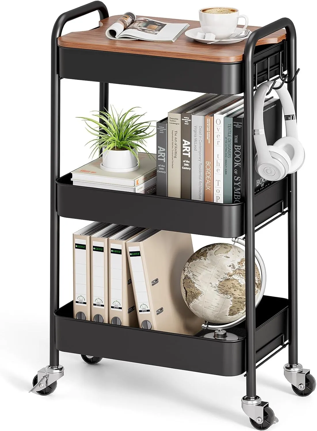 TOOLF 3-Tier Rolling Cart, Metal Utility Cart with Top, Storage Craft Cart with Wheels, Trolley Organizer Serving Cart Easy Assembly for Office, Bathroom, Kitchen, Kids' Room, Classroom, Black