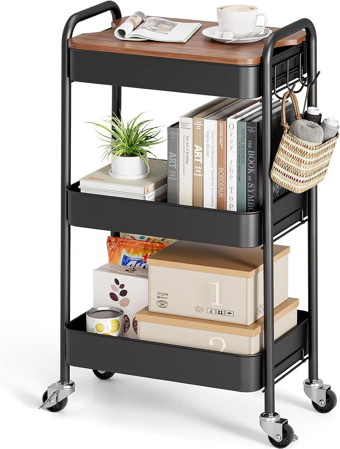 TOOLF 3-Tier Rolling Cart, Metal Utility Cart with Top, Storage Craft Cart with Wheels, Trolley Organizer Serving Cart Easy Assembly for Office, Bathroom, Kitchen, Kids' Room, Classroom, Black