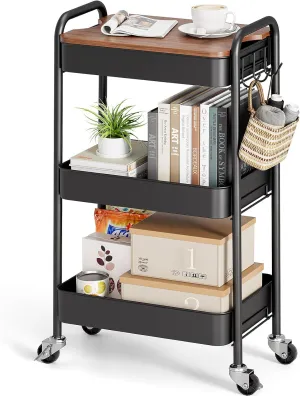 TOOLF 3-Tier Rolling Cart, Metal Utility Cart with Top, Storage Craft Cart with Wheels, Trolley Organizer Serving Cart Easy Assembly for Office, Bathroom, Kitchen, Kids' Room, Classroom, Black