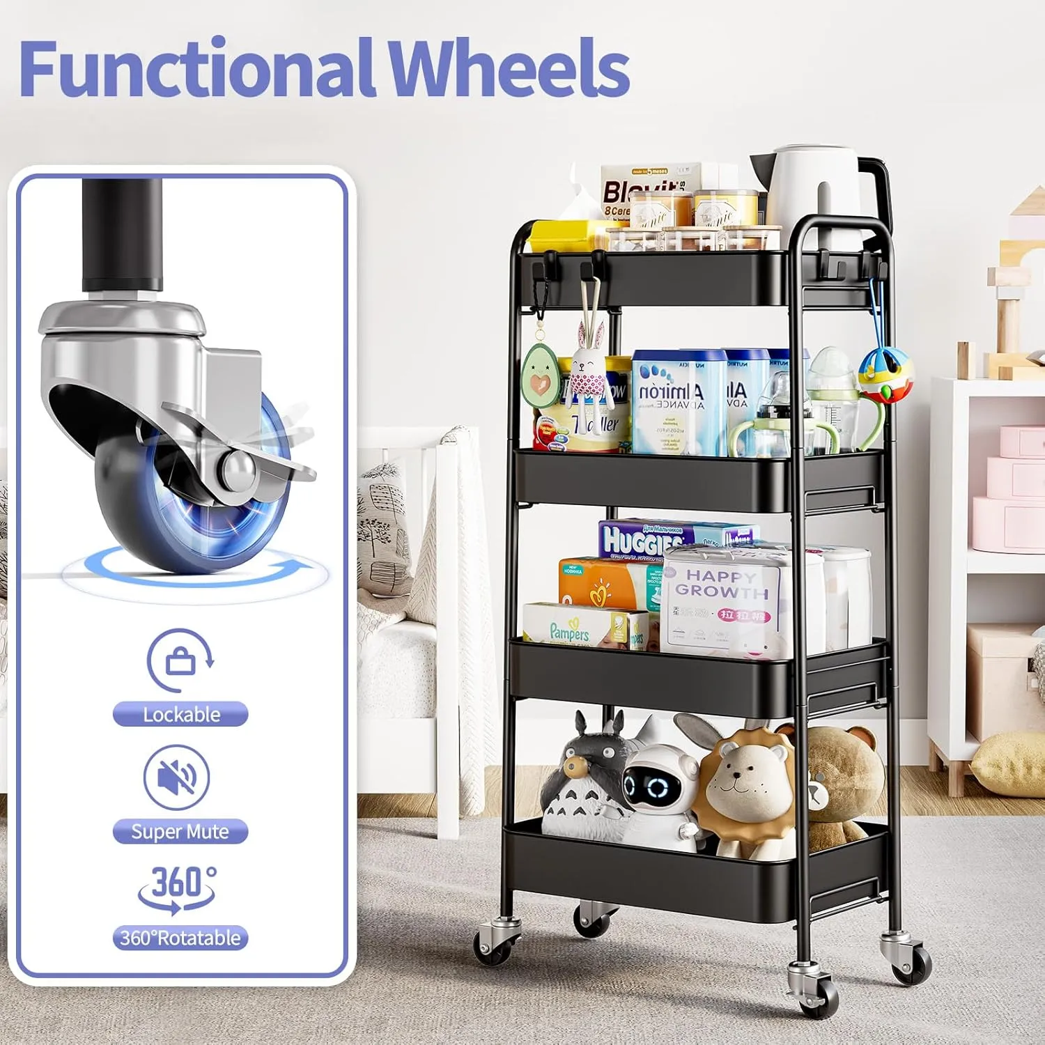TOOLF 4-Tier Metal Rolling Cart with Wheels, Storage Utility Organizer Cart for Kitchen, Bathroom, Office, Baby Essentials & Makeup - Lockable Casters, Easy Assembly, 132 lbs Capacity, Black
