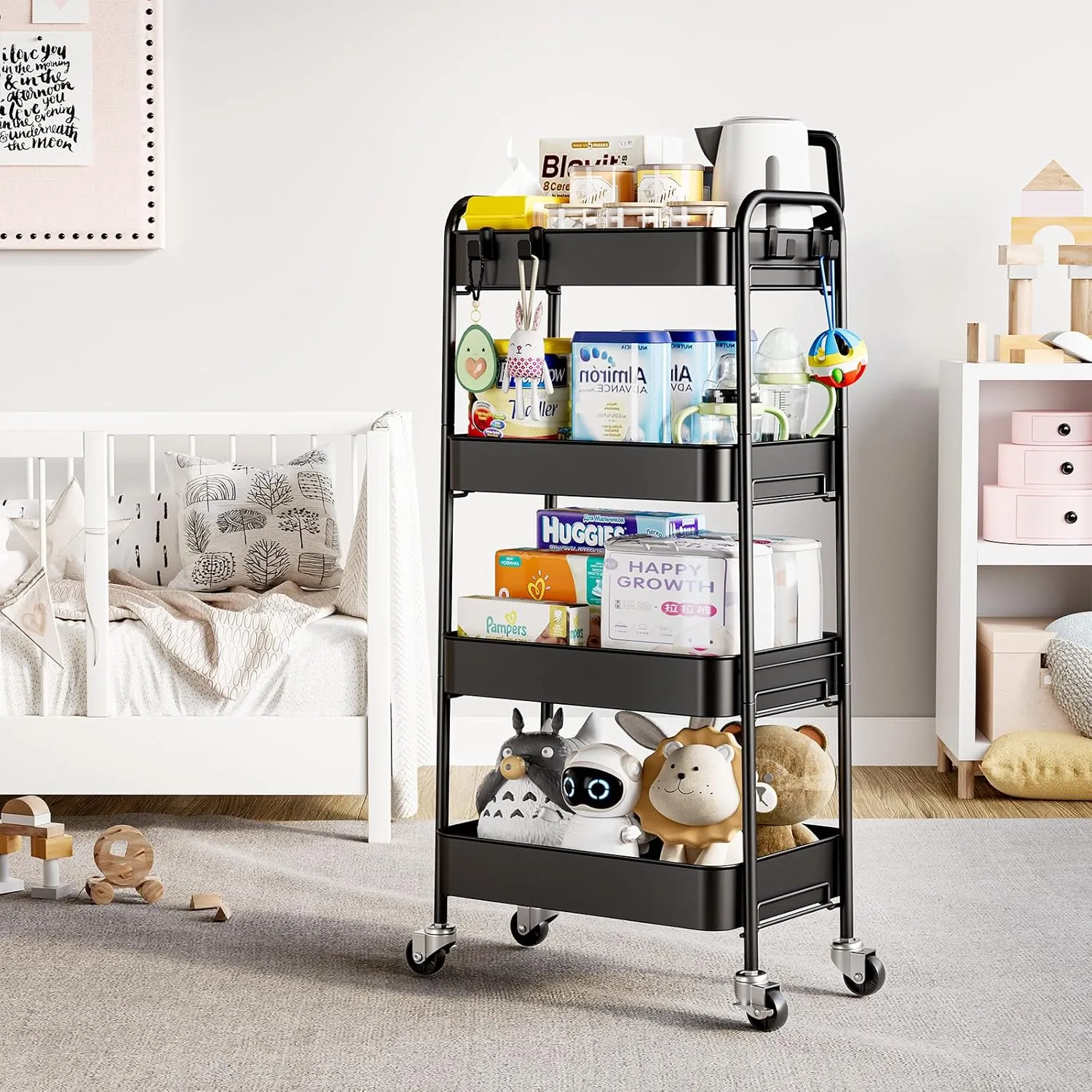 TOOLF 4-Tier Metal Rolling Cart with Wheels, Storage Utility Organizer Cart for Kitchen, Bathroom, Office, Baby Essentials & Makeup - Lockable Casters, Easy Assembly, 132 lbs Capacity, Black