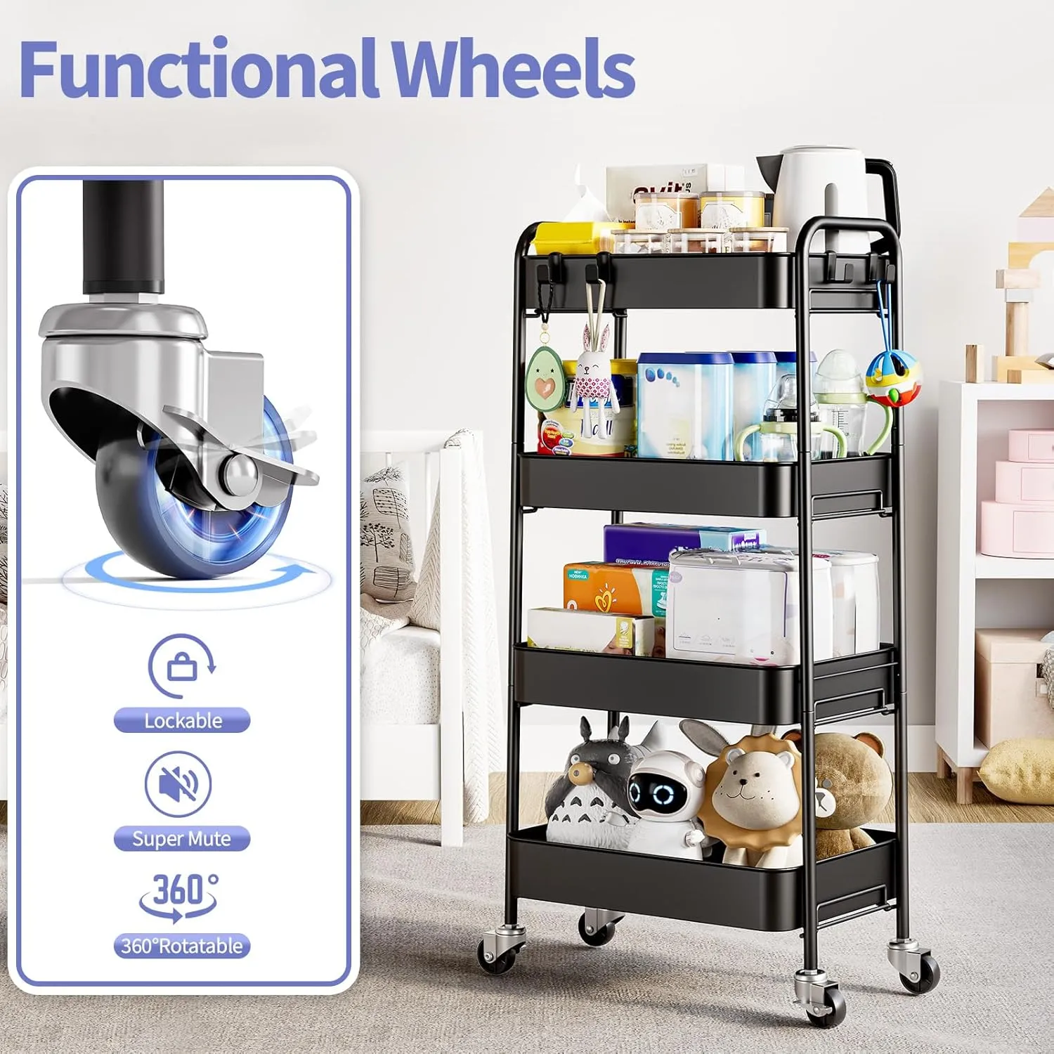 TOOLF 4-Tier Metal Rolling Cart with Wheels, Storage Utility Organizer Cart for Kitchen, Bathroom, Office, Baby Essentials & Makeup - Lockable Casters, Easy Assembly, 132 lbs Capacity, Black