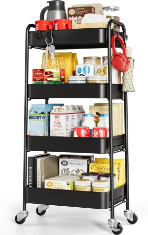 TOOLF 4-Tier Metal Rolling Cart with Wheels, Storage Utility Organizer Cart for Kitchen, Bathroom, Office, Baby Essentials & Makeup - Lockable Casters, Easy Assembly, 132 lbs Capacity, Black