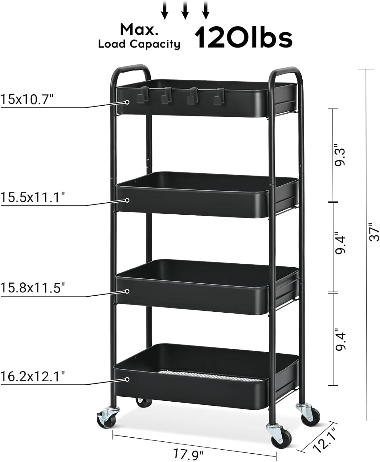 TOOLF 4-Tier Metal Rolling Cart with Wheels, Storage Utility Organizer Cart for Kitchen, Bathroom, Office, Baby Essentials & Makeup - Lockable Casters, Easy Assembly, 132 lbs Capacity, Black