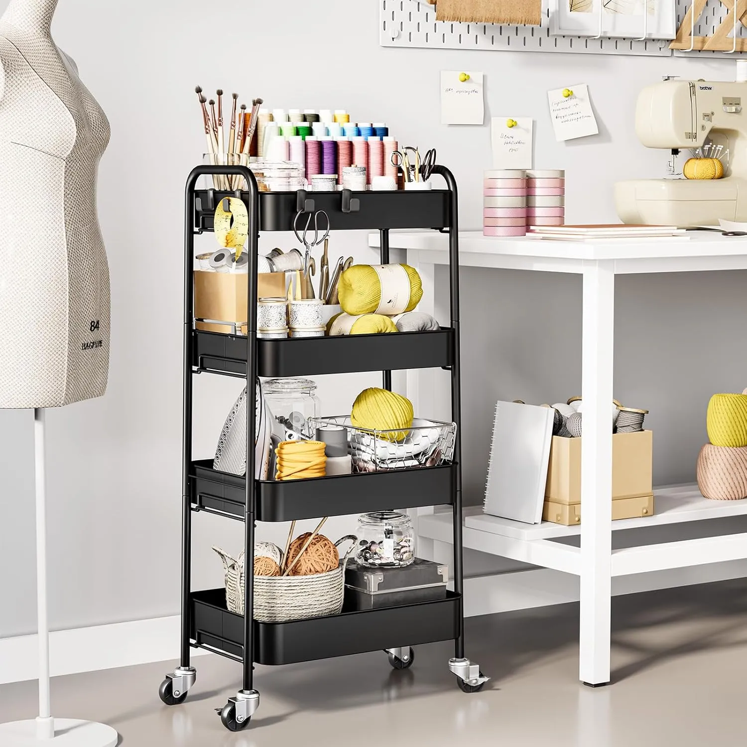 TOOLF 4-Tier Metal Rolling Cart with Wheels, Storage Utility Organizer Cart for Kitchen, Bathroom, Office, Baby Essentials & Makeup - Lockable Casters, Easy Assembly, 132 lbs Capacity, Black