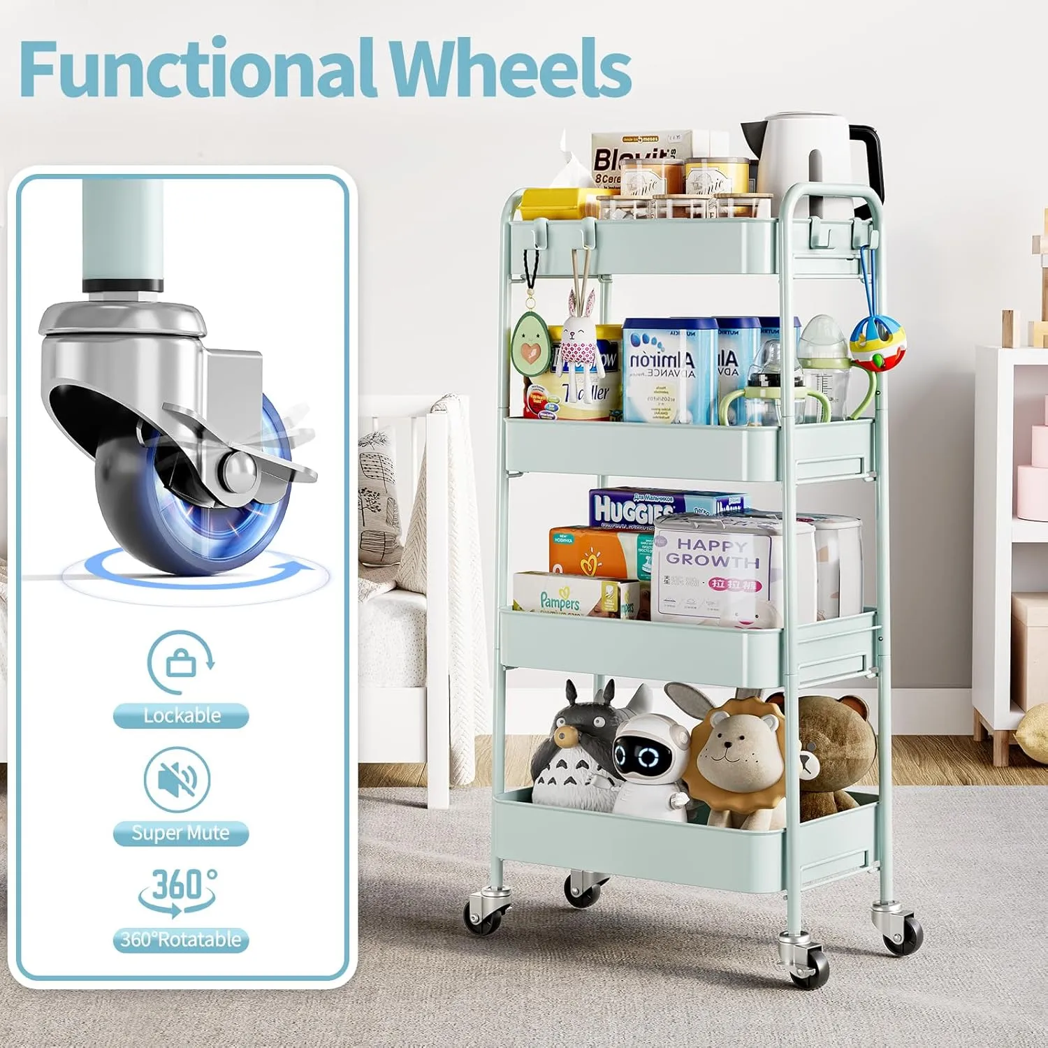TOOLF 4-Tier Metal Rolling Cart with Wheels, Storage Utility Organizer Cart for Kitchen, Bathroom, Office, Baby Essentials & Makeup - Lockable Casters, Easy Assembly, 132 lbs Capacity, Green